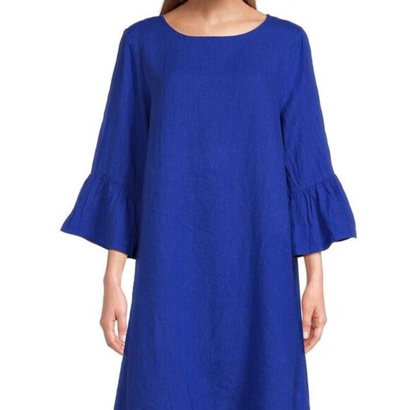 BRYN WALKER Phryne Shift DRESS Blue LINEN S M L Ruffled Bell Sleeve NEW $203 - Picture 2 of 7